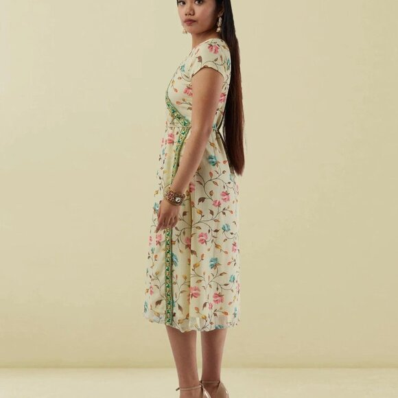 Cream Printed Chiffon Knee-Length Wrap Dress | Muvvas Boutique - Picture 3 of 4